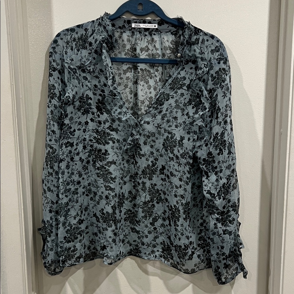 Zara Black Floral Sheer Blouse